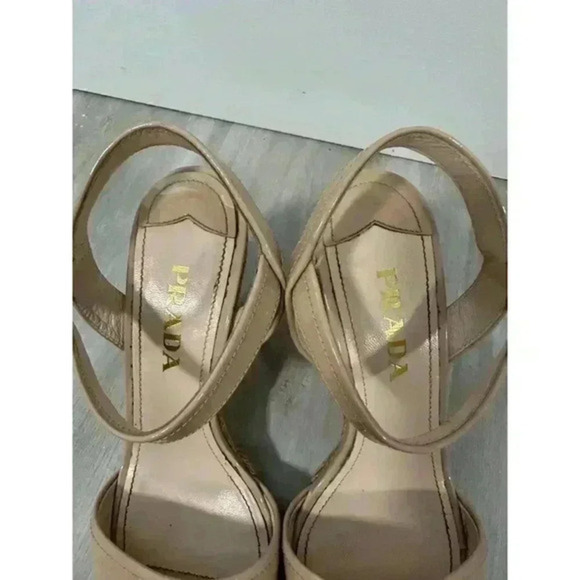 Prada Beige Patent Leather Espadrille Platform Wedge Ankle Strap Sandals Size 37 - Picture 2 of 12